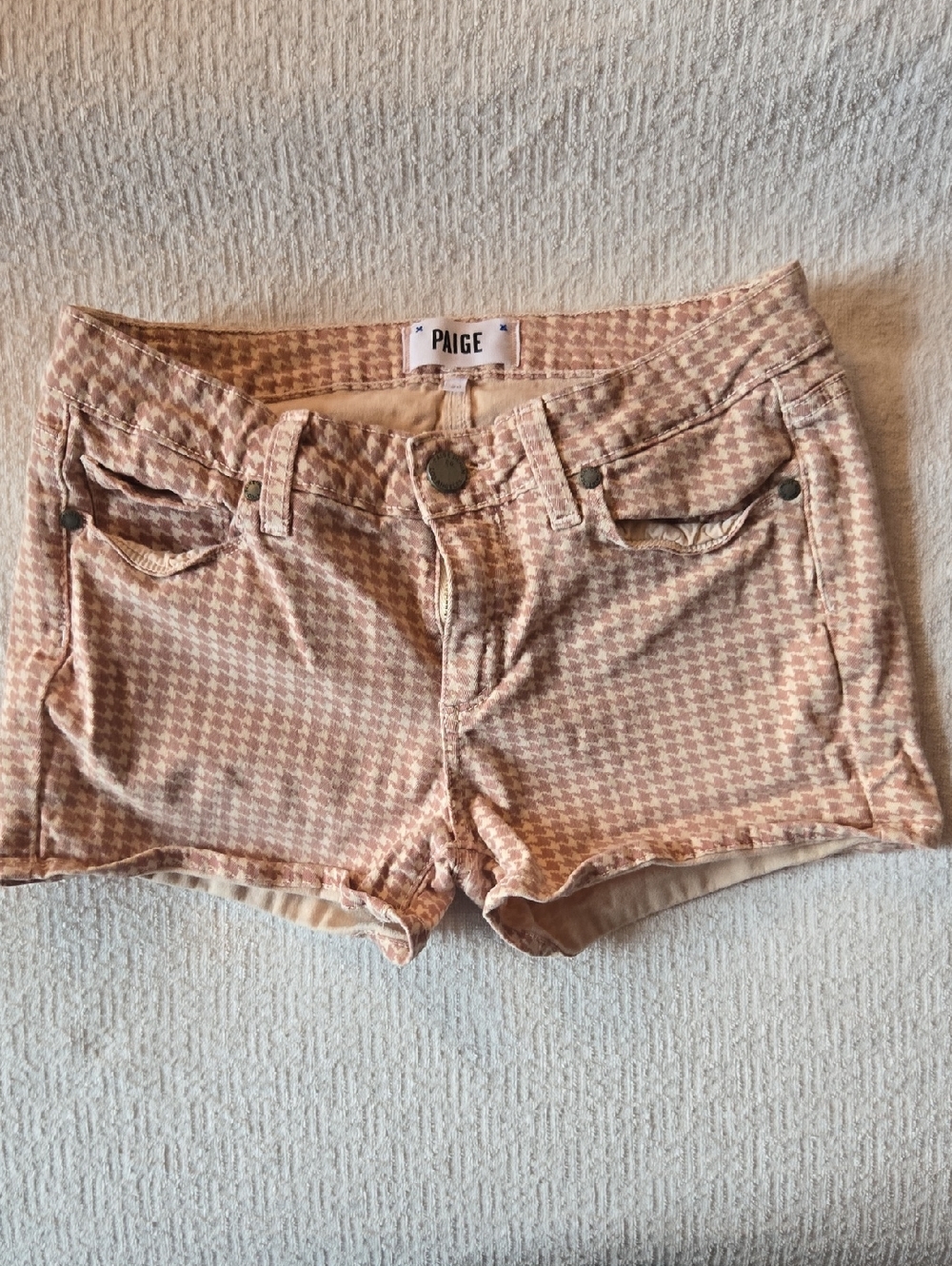 PAIGE Blush Houndstooth Denim Shorts